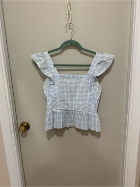 Light Blue and White Plaid Ruffle-Sleeve Crop Top